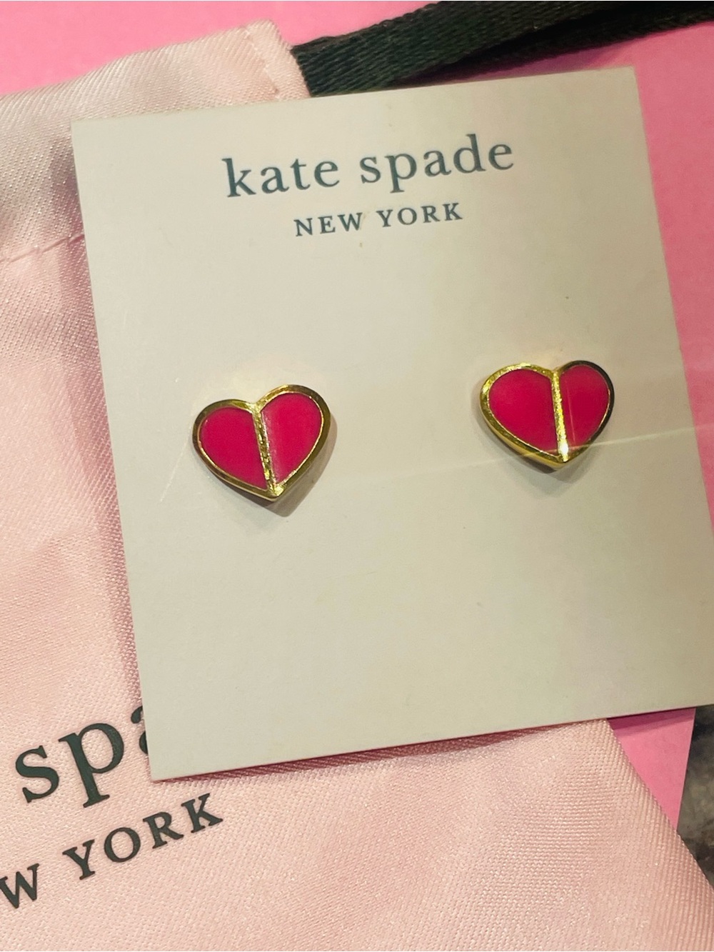 NWT~KATE SPADE~Pink & Gold Heart Stud Earrings